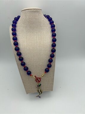 Royal Blue and Red Glass Bead Necklace with Fish Pendant